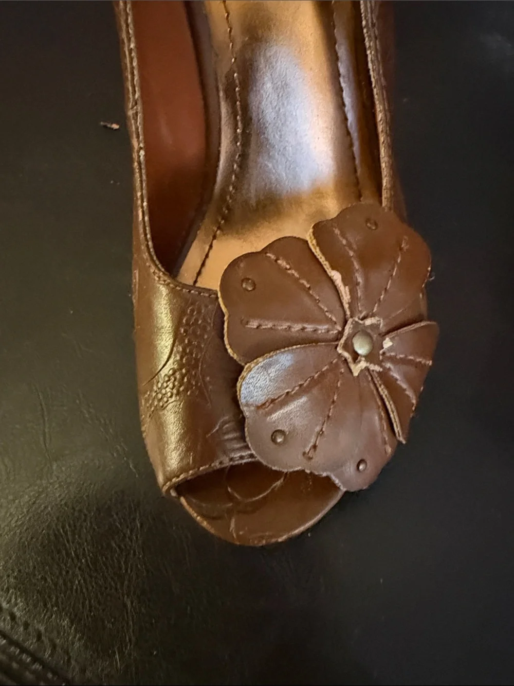 Anne Michelle Brown Floral Embossed Peep-Toe Heels